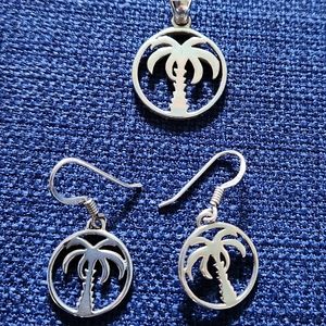 Sterling Silver Palm Tree Pendant and Earrings